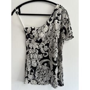 Vintage Cache Silk Blouse Sz Medium Dark Floral‎ Fairy Lettuce Hem Womens Y2K